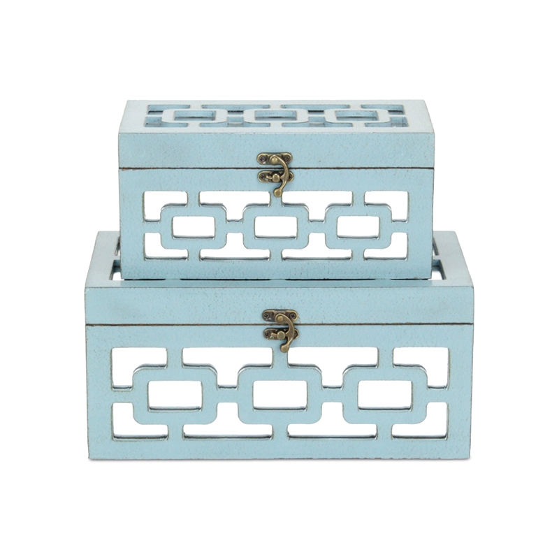 Pemberly Row Set of 2 Distressed Mirrored Wood Boxes in Blue