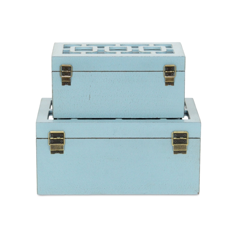 Pemberly Row Set of 2 Distressed Mirrored Wood Boxes in Blue
