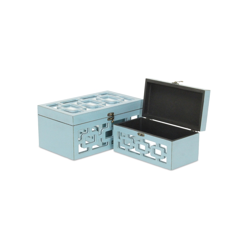 Pemberly Row Set of 2 Distressed Mirrored Wood Boxes in Blue