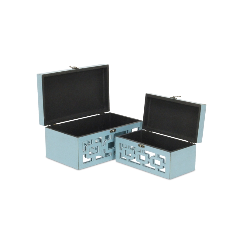 Pemberly Row Set of 2 Distressed Mirrored Wood Boxes in Blue