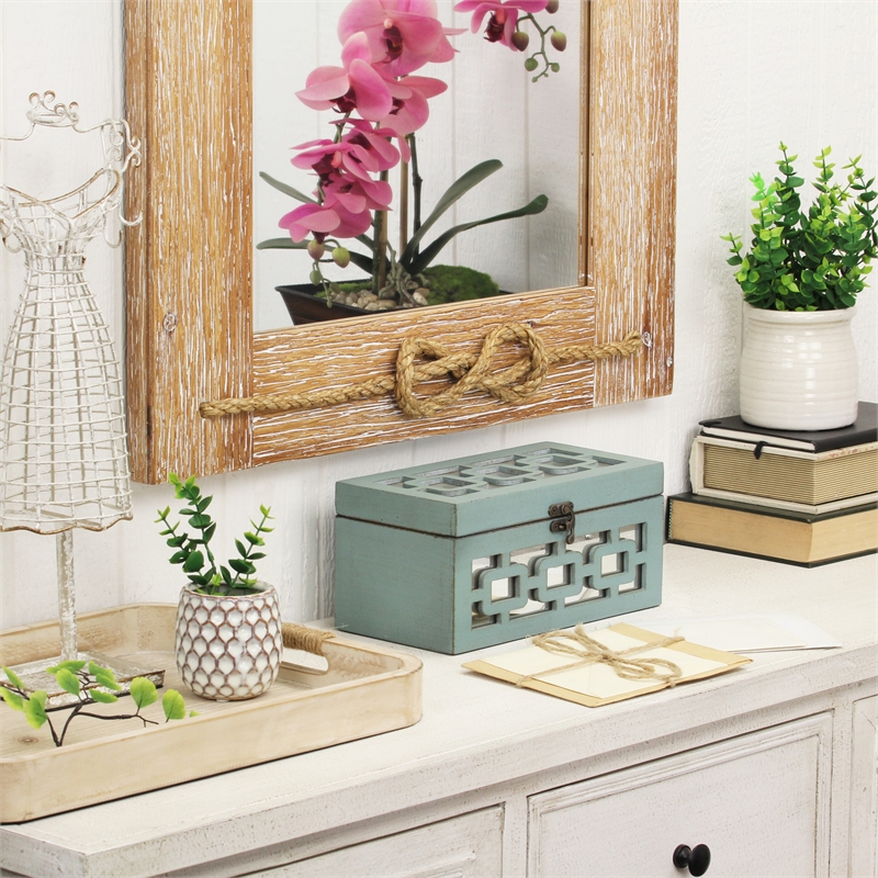 Pemberly Row Set of 2 Distressed Mirrored Wood Boxes in Blue