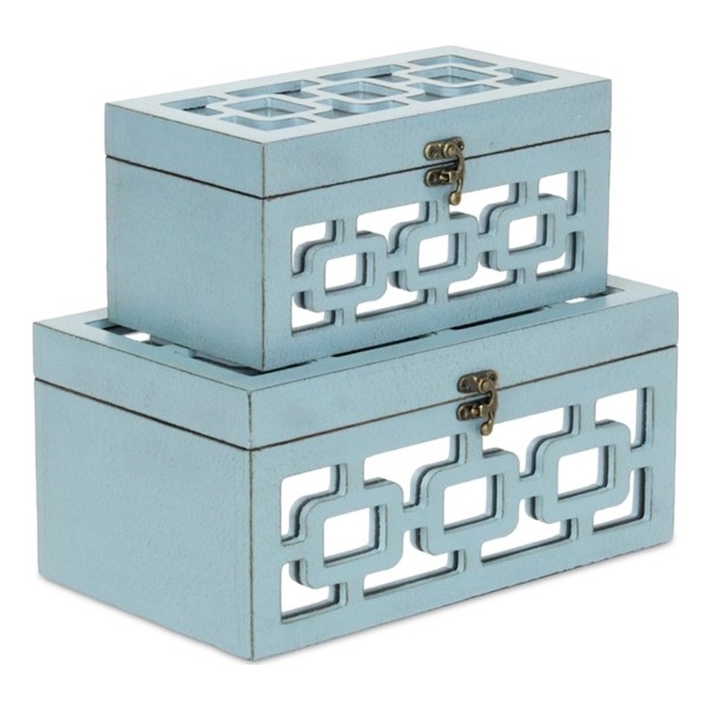 Pemberly Row Set of 2 Distressed Mirrored Wood Boxes in Blue