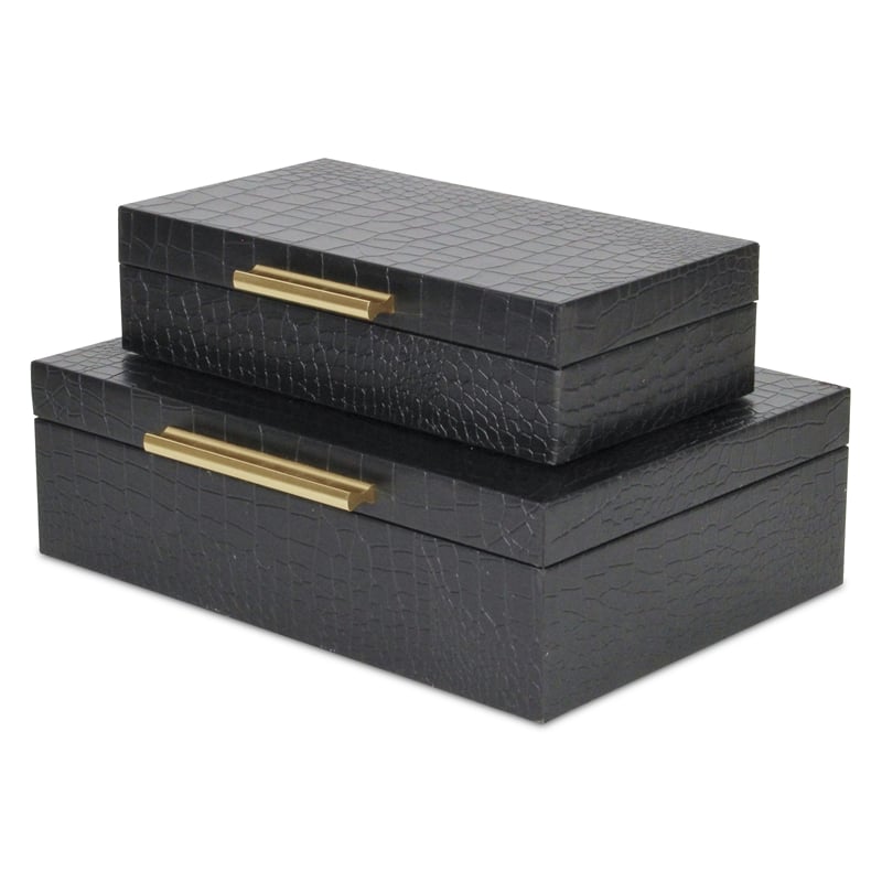 Pemberly Row Rectangular Decorative Box Set of 2 in Black Faux Croco