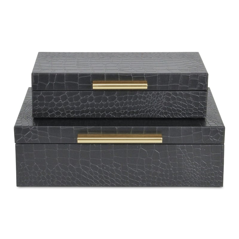 Pemberly Row Rectangular Decorative Box Set of 2 in Black Faux Croco