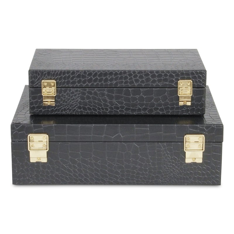 Pemberly Row Rectangular Decorative Box Set of 2 in Black Faux Croco