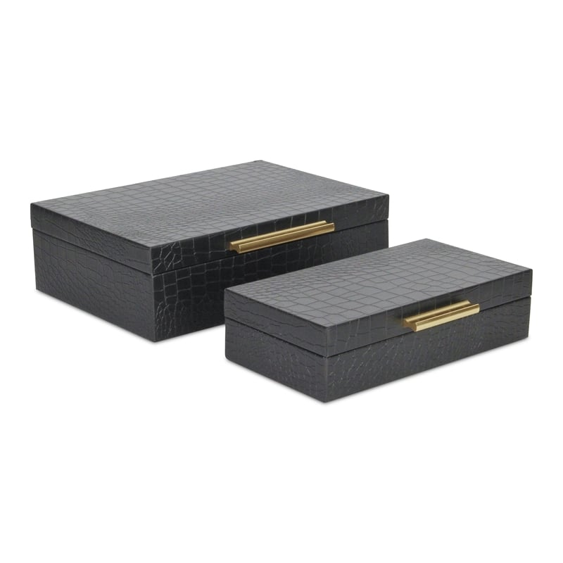 Pemberly Row Rectangular Decorative Box Set of 2 in Black Faux Croco