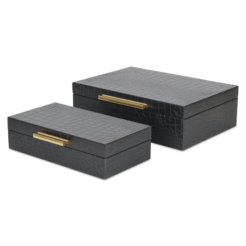 Pemberly Row Rectangular Decorative Box Set of 2 in Black Faux Croco