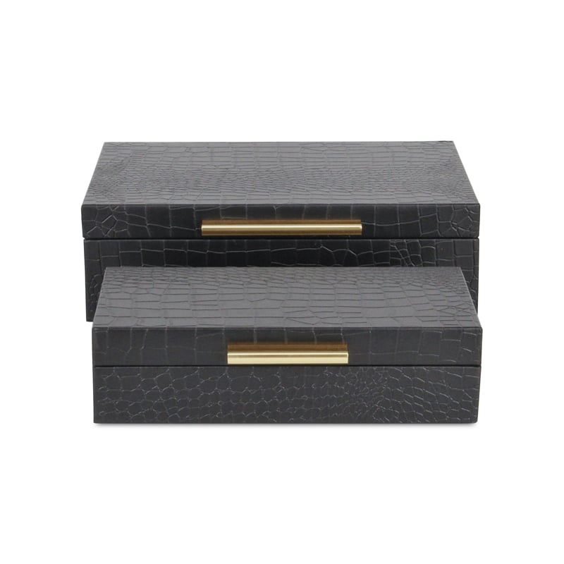 Pemberly Row Rectangular Decorative Box Set of 2 in Black Faux Croco