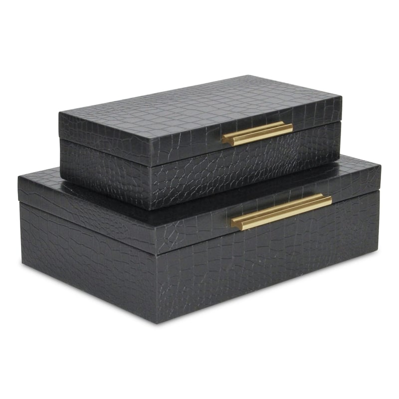 Pemberly Row Rectangular Decorative Box Set of 2 in Black Faux Croco
