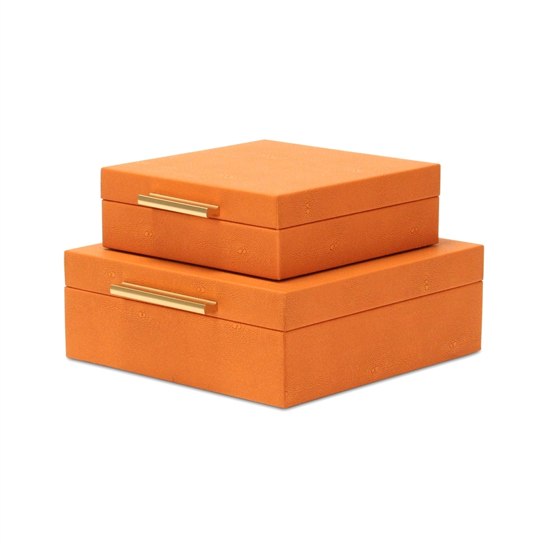 Pemberly Row Square Decorative Box Set of 2 in Orange Faux Shagreen