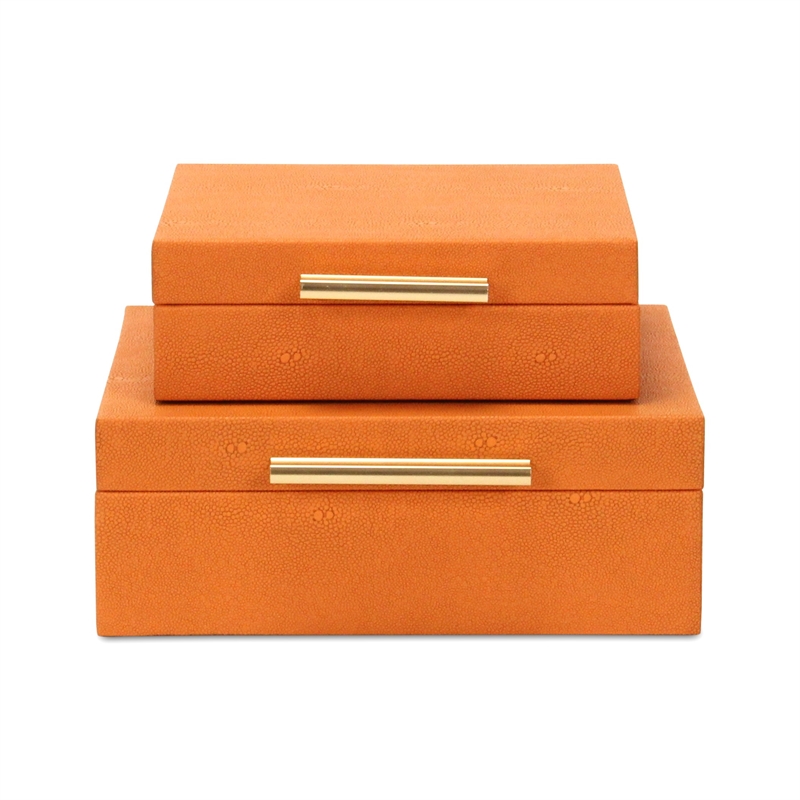 Pemberly Row Square Decorative Box Set of 2 in Orange Faux Shagreen