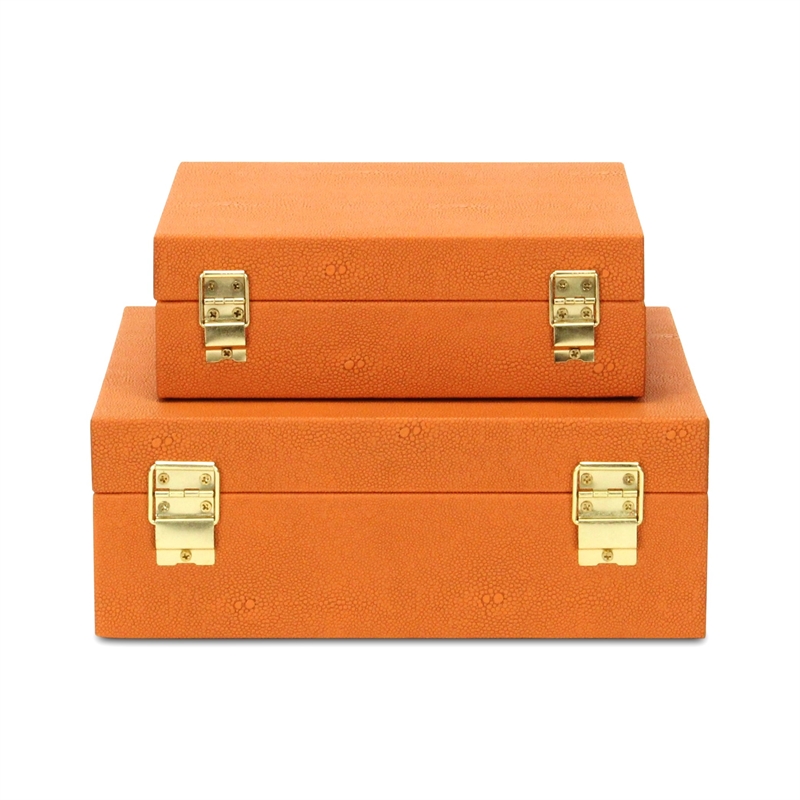 Pemberly Row Square Decorative Box Set of 2 in Orange Faux Shagreen