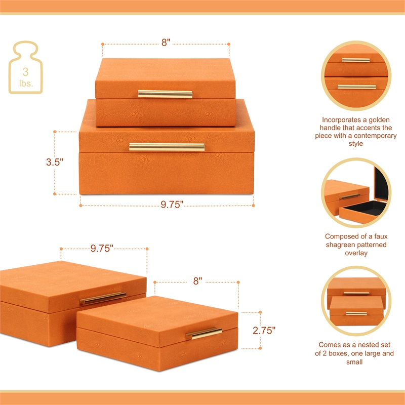 Pemberly Row Square Decorative Box Set of 2 in Orange Faux Shagreen