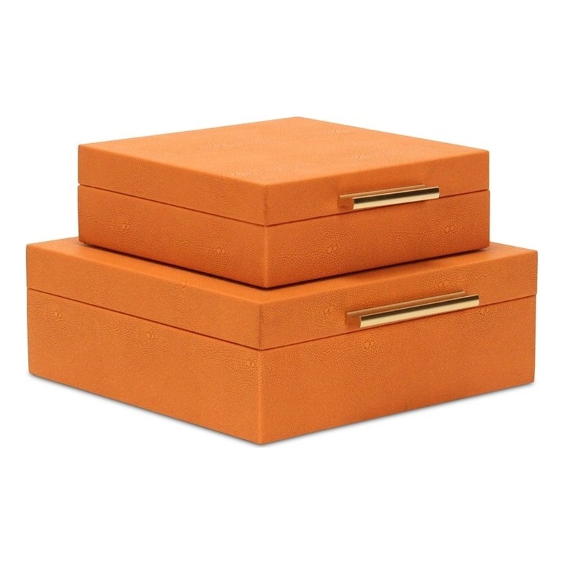 Pemberly Row Square Decorative Box Set of 2 in Orange Faux Shagreen