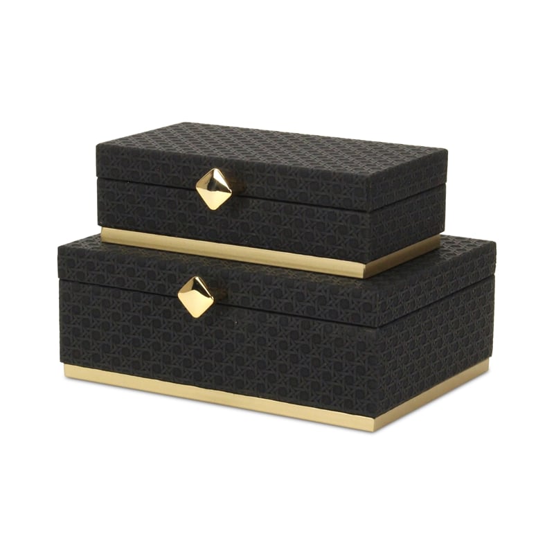Pemberly Row Vinyl Rattan Rectangular Box Set of 2 in Black with Gold Metal Base