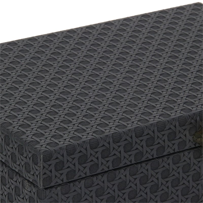 Pemberly Row Vinyl Rattan Rectangular Box Set of 2 in Black with Gold Metal Base
