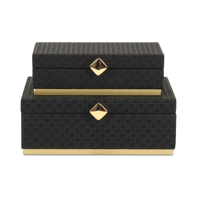 Pemberly Row Vinyl Rattan Rectangular Box Set of 2 in Black with Gold Metal Base
