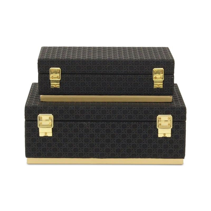 Pemberly Row Vinyl Rattan Rectangular Box Set of 2 in Black with Gold Metal Base