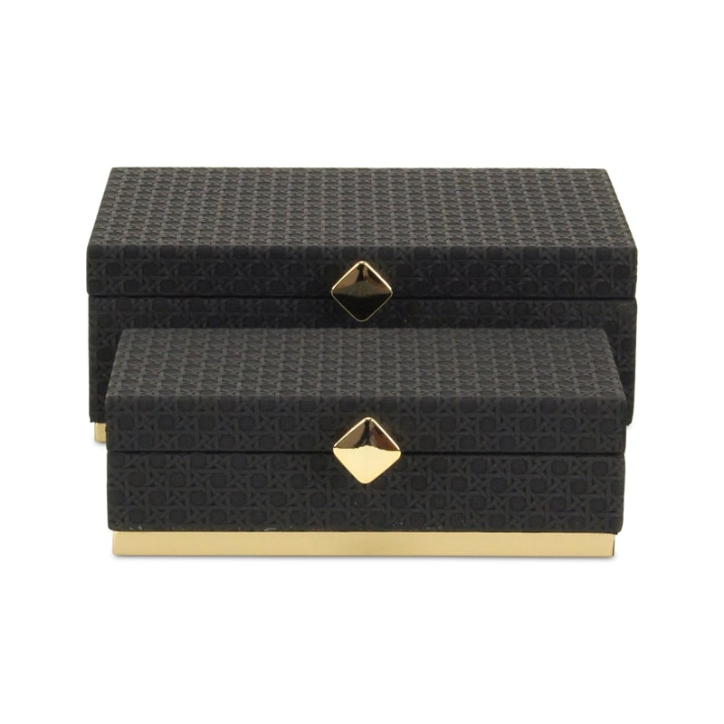 Pemberly Row Vinyl Rattan Rectangular Box Set of 2 in Black with Gold Metal Base