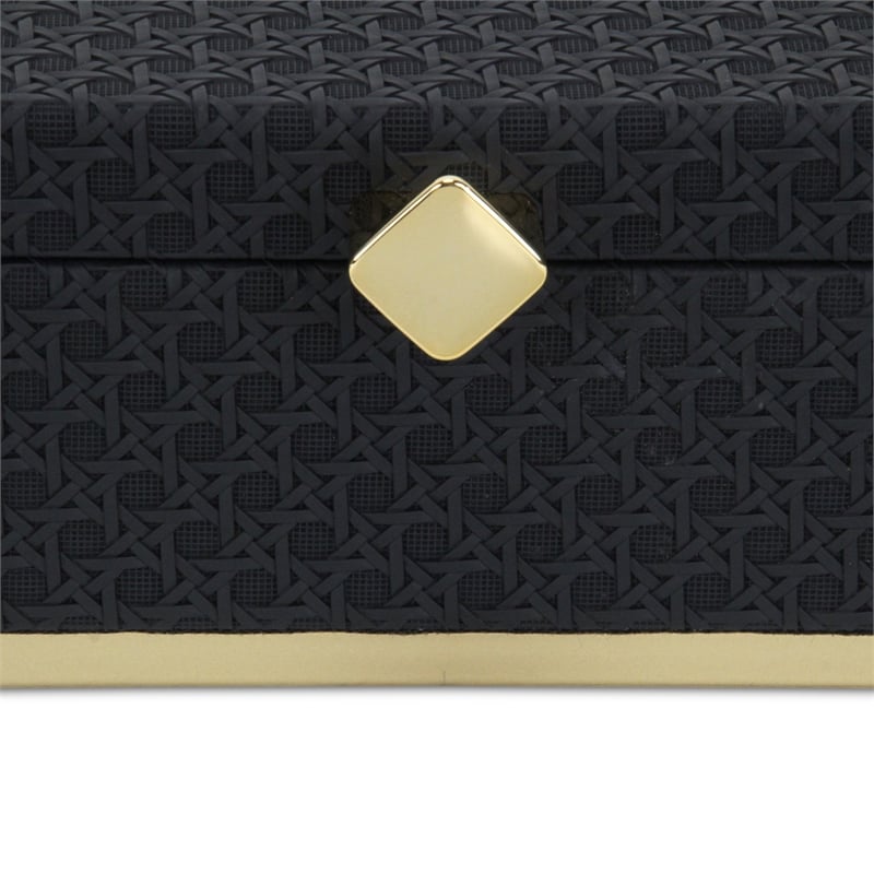 Pemberly Row Vinyl Rattan Rectangular Box Set of 2 in Black with Gold Metal Base
