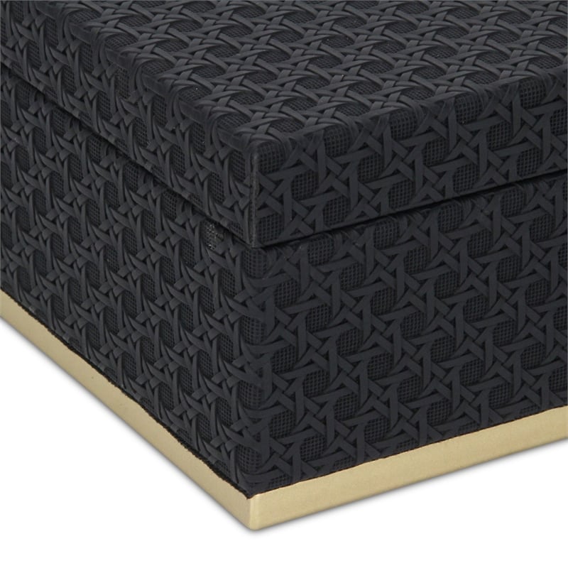 Pemberly Row Vinyl Rattan Rectangular Box Set of 2 in Black with Gold Metal Base