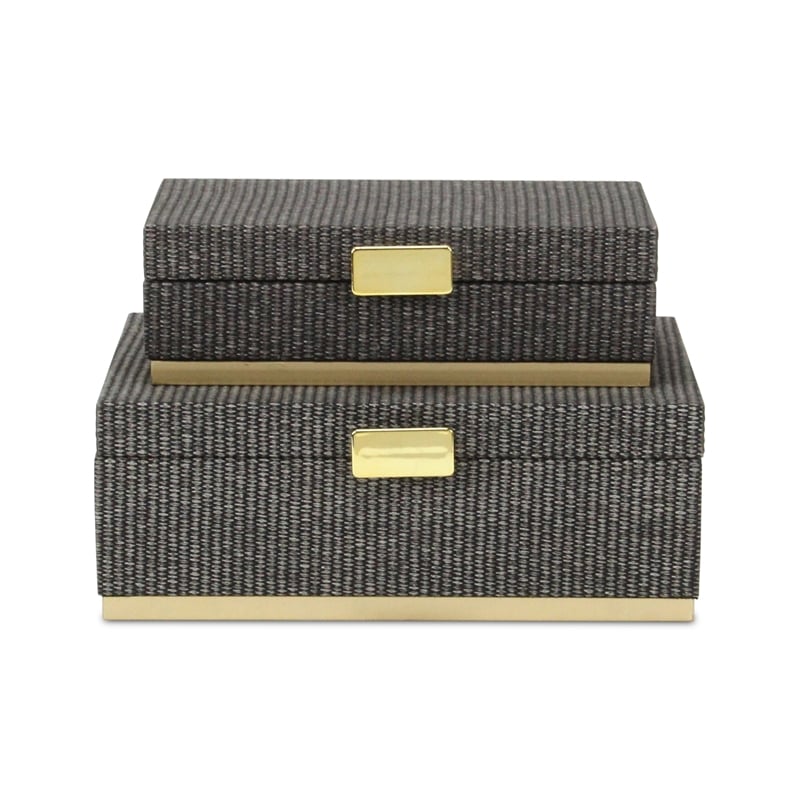 Pemberly Row Gray Woven Themed Rectangle Box Set of 2 with Gold Metal Base
