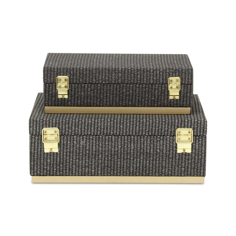 Pemberly Row Gray Woven Themed Rectangle Box Set of 2 with Gold Metal Base