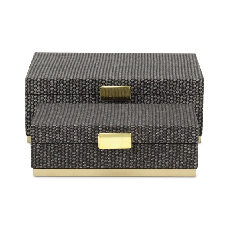 Pemberly Row Gray Woven Themed Rectangle Box Set of 2 with Gold Metal Base