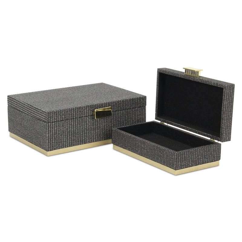 Pemberly Row Gray Woven Themed Rectangle Box Set of 2 with Gold Metal Base