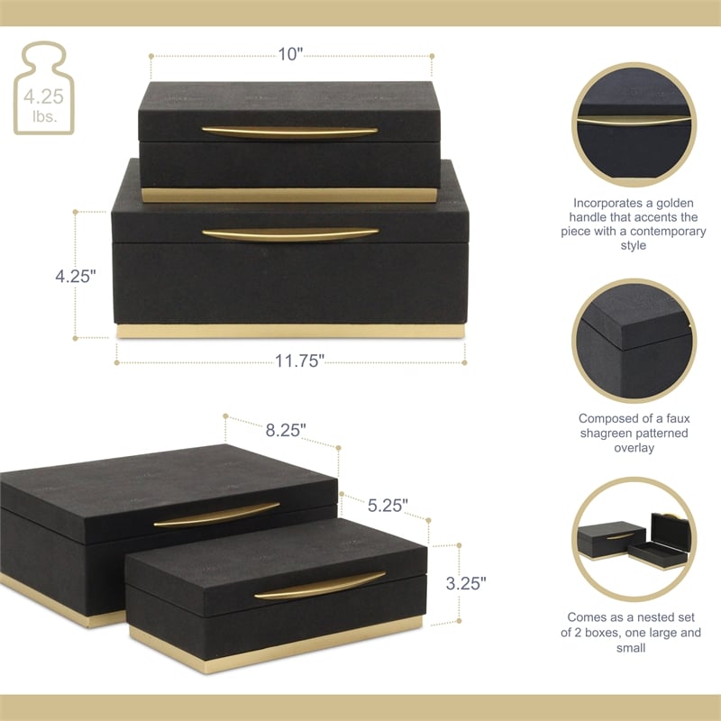 Pemberly Row Rectangular Gold Accented Box Set of 2 in Black Faux Shagreen
