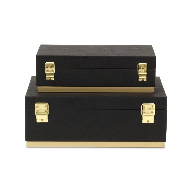 Pemberly Row Rectangular Gold Accented Box Set of 2 in Black Faux Shagreen