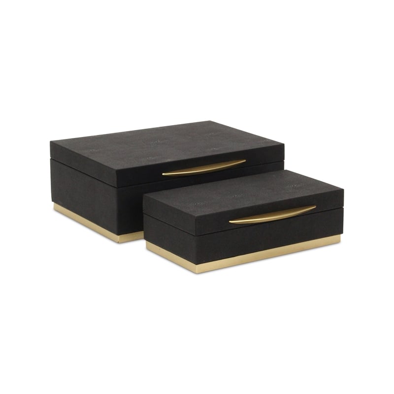 Pemberly Row Rectangular Gold Accented Box Set of 2 in Black Faux Shagreen
