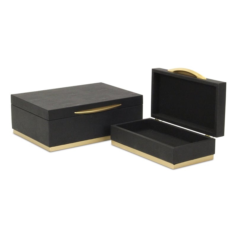 Pemberly Row Rectangular Gold Accented Box Set of 2 in Black Faux Shagreen