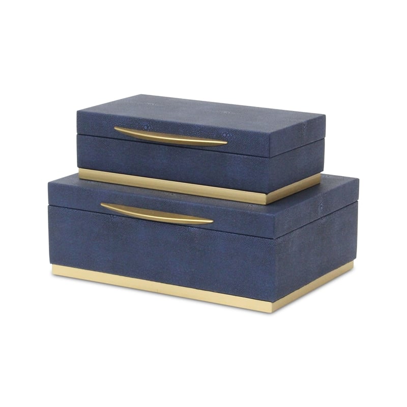 Pemberly Row Rectangular Gold Accented Box Set of 2 in Blue Faux Shagreen