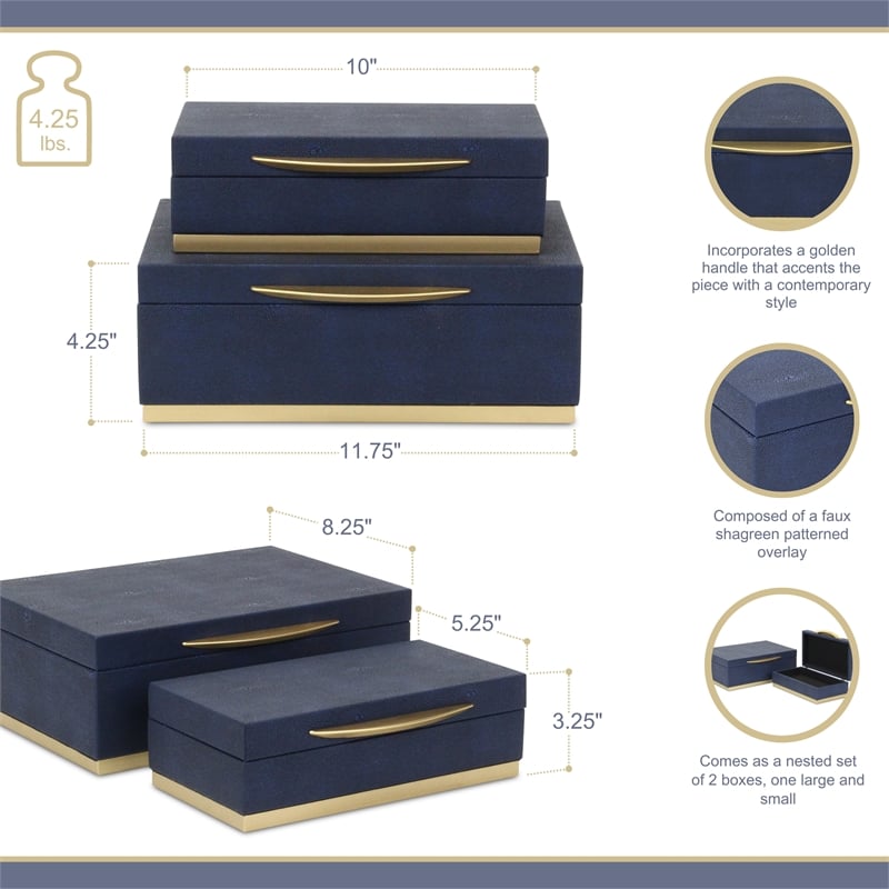 Pemberly Row Rectangular Gold Accented Box Set of 2 in Blue Faux Shagreen