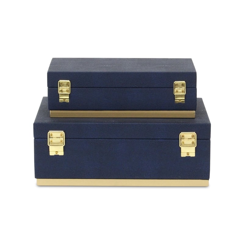 Pemberly Row Rectangular Gold Accented Box Set of 2 in Blue Faux Shagreen