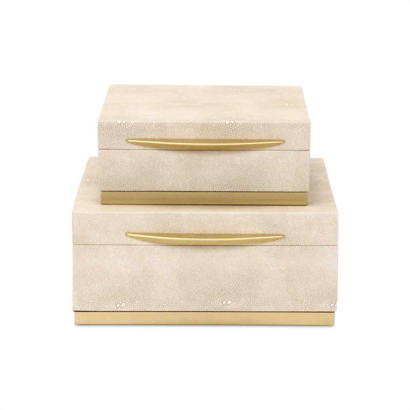 Pemberly Row Accent Box Set of 2 in Cream Faux Shagreen with Gold Metal Base