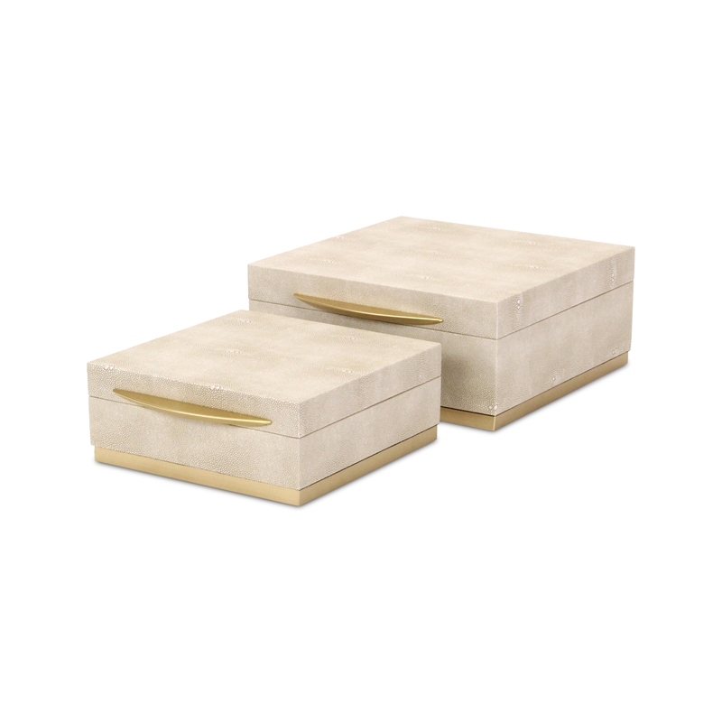 Pemberly Row Accent Box Set of 2 in Cream Faux Shagreen with Gold Metal Base