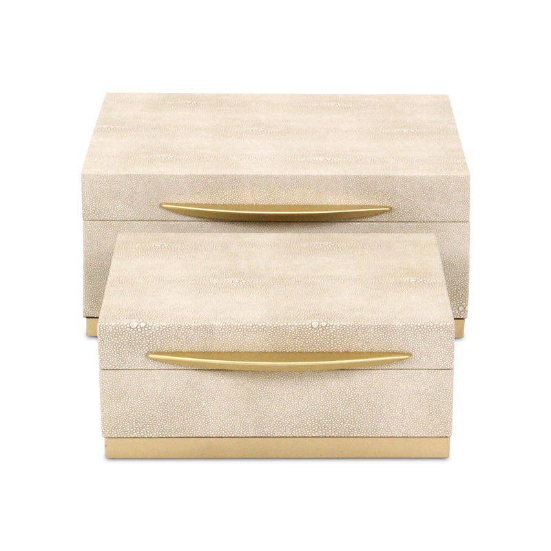 Pemberly Row Accent Box Set of 2 in Cream Faux Shagreen with Gold Metal Base