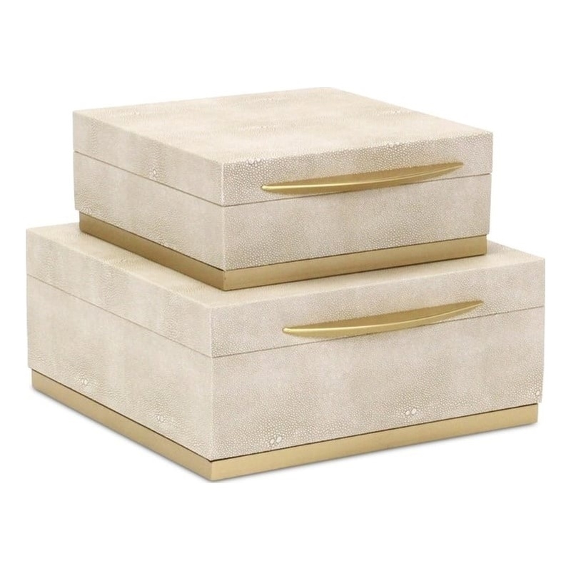 Pemberly Row Accent Box Set of 2 in Cream Faux Shagreen with Gold Metal Base