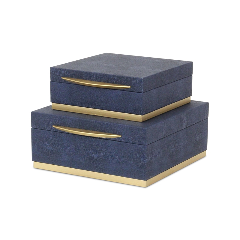 Pemberly Row Accent Box Set of 2 in Blue Faux Shagreen with Gold Metal Base