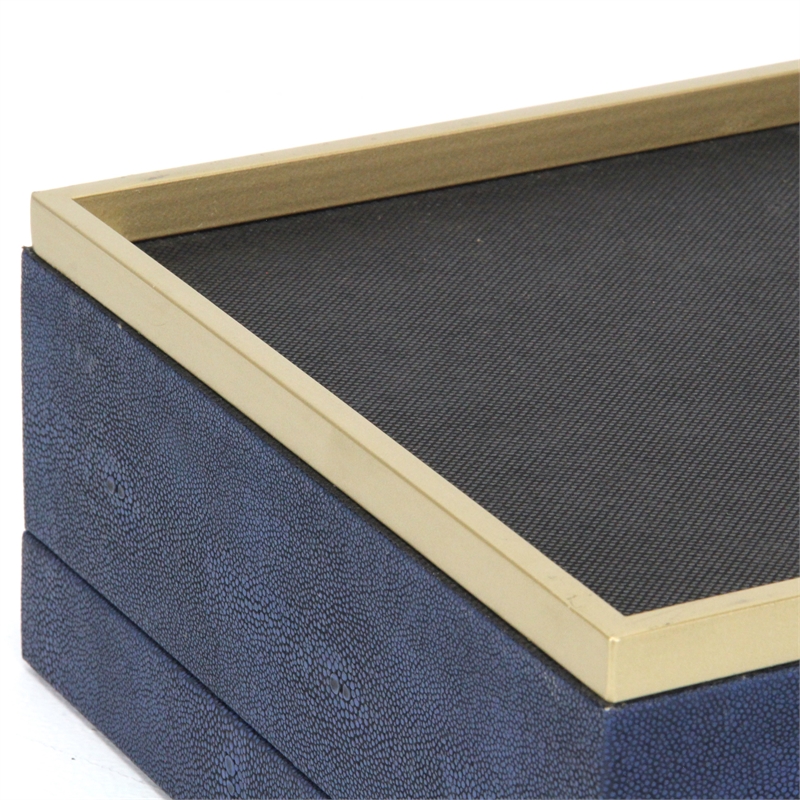 Pemberly Row Accent Box Set of 2 in Blue Faux Shagreen with Gold Metal Base