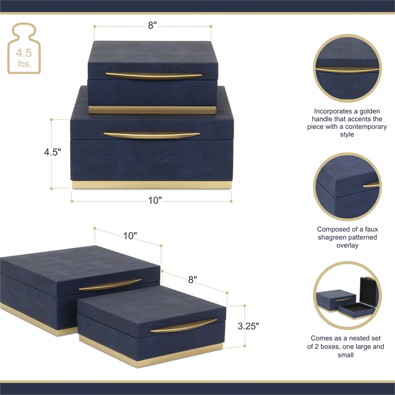 Pemberly Row Accent Box Set of 2 in Blue Faux Shagreen with Gold Metal Base