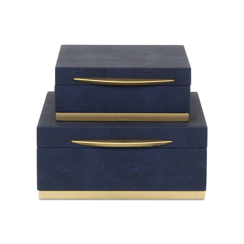 Pemberly Row Accent Box Set of 2 in Blue Faux Shagreen with Gold Metal Base