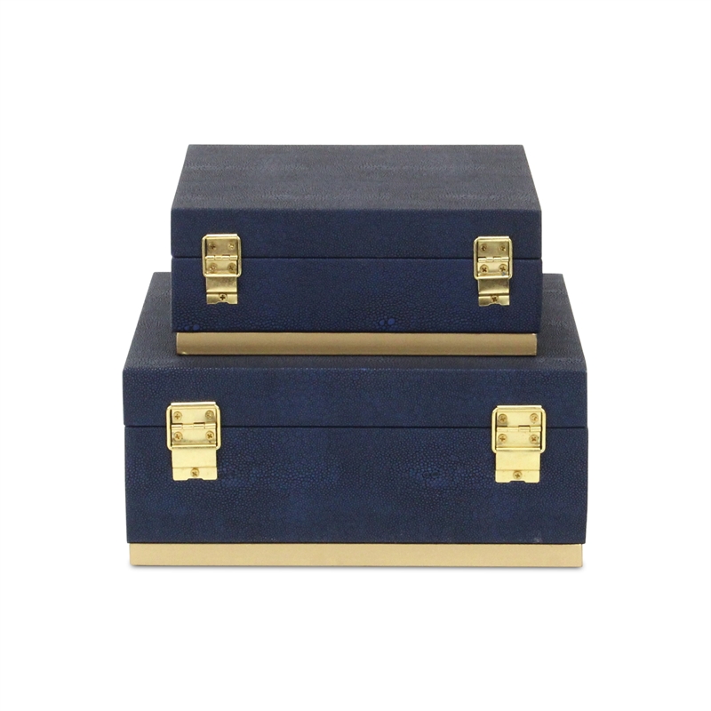 Pemberly Row Accent Box Set of 2 in Blue Faux Shagreen with Gold Metal Base