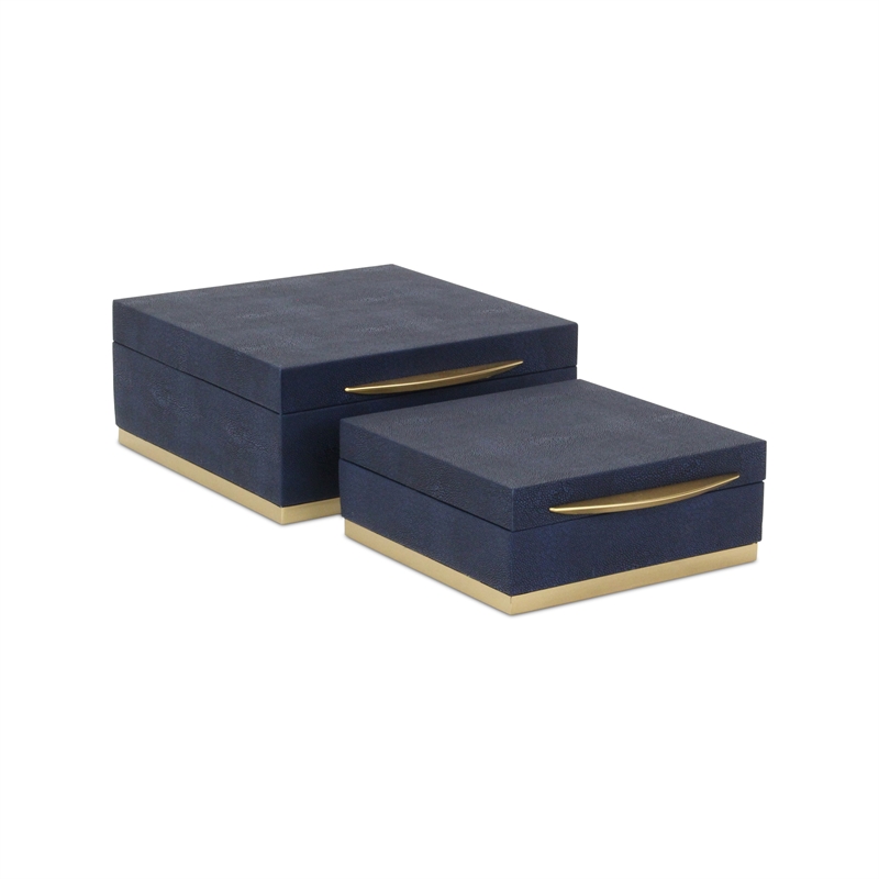 Pemberly Row Accent Box Set of 2 in Blue Faux Shagreen with Gold Metal Base