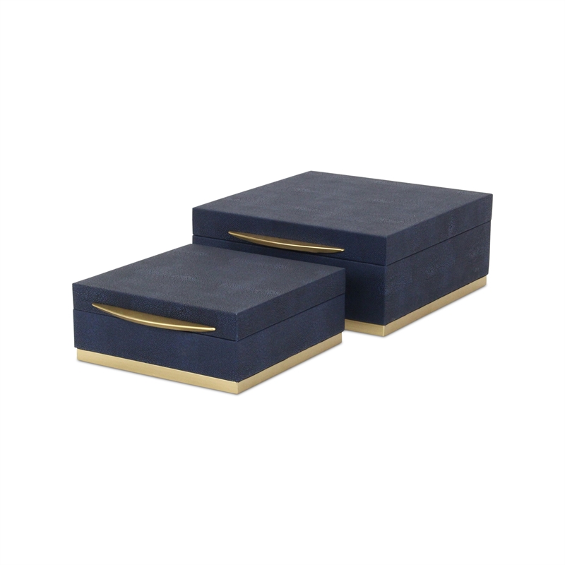 Pemberly Row Accent Box Set of 2 in Blue Faux Shagreen with Gold Metal Base