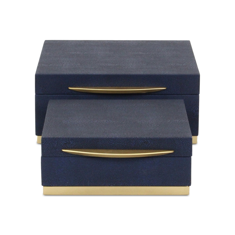 Pemberly Row Accent Box Set of 2 in Blue Faux Shagreen with Gold Metal Base