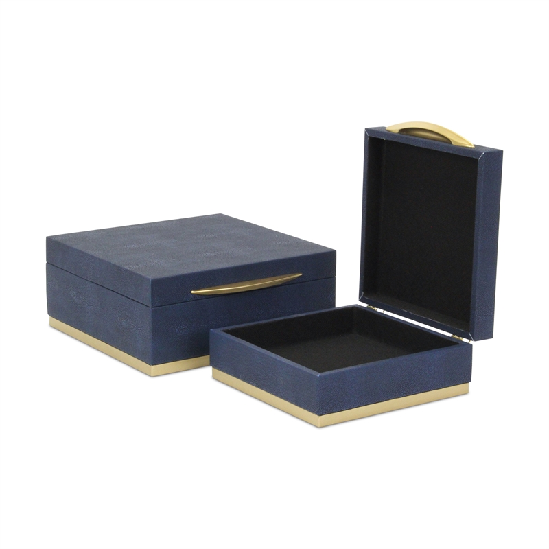 Pemberly Row Accent Box Set of 2 in Blue Faux Shagreen with Gold Metal Base