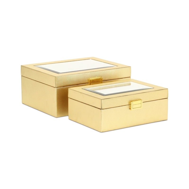 Pemberly Row Vinyl Woven Pattern Mirrored Box Set of 2 in Gold